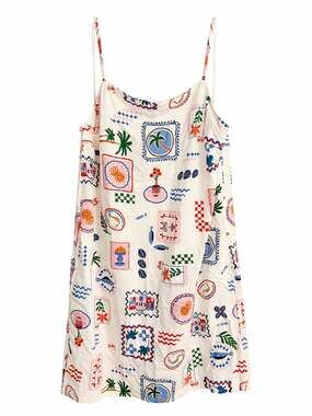 Monteau white with colorful pattern Italy postcard dress linen blend large